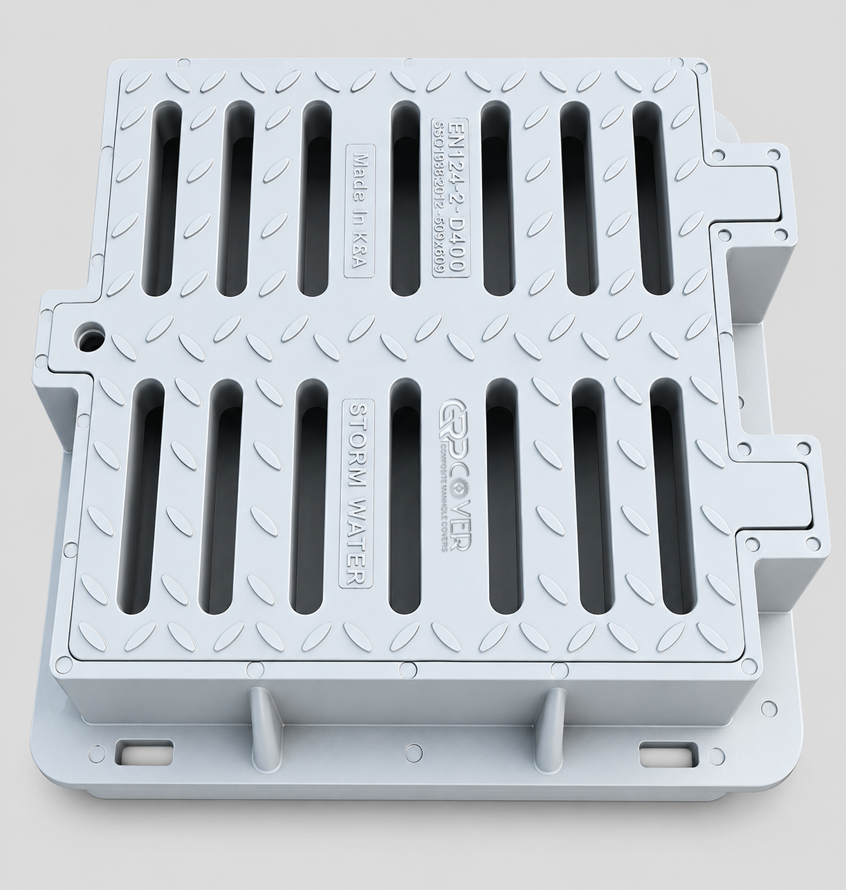 Gray D400 GRP catch basin with hinge